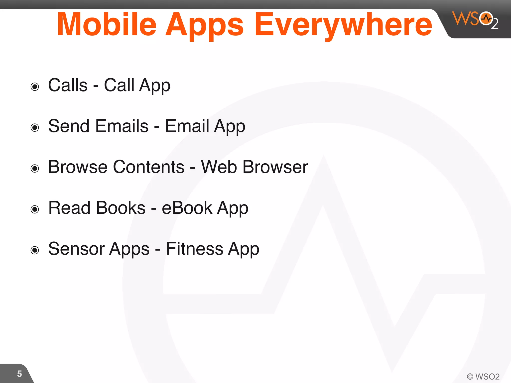 5
Mobile Apps Everywhere
๏ Calls - Call App
๏ Send Emails - Email App
๏ Browse Contents - Web Browser
๏ Read Books - eBook App
๏ Sensor Apps - Fitness App
 