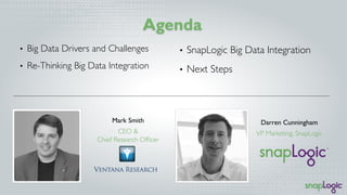 Agenda
Mark Smith
CEO  

Chief Research Ofﬁcer
Darren Cunningham
VP Marketing, SnapLogic
•  Big Data Drivers and Challenge...