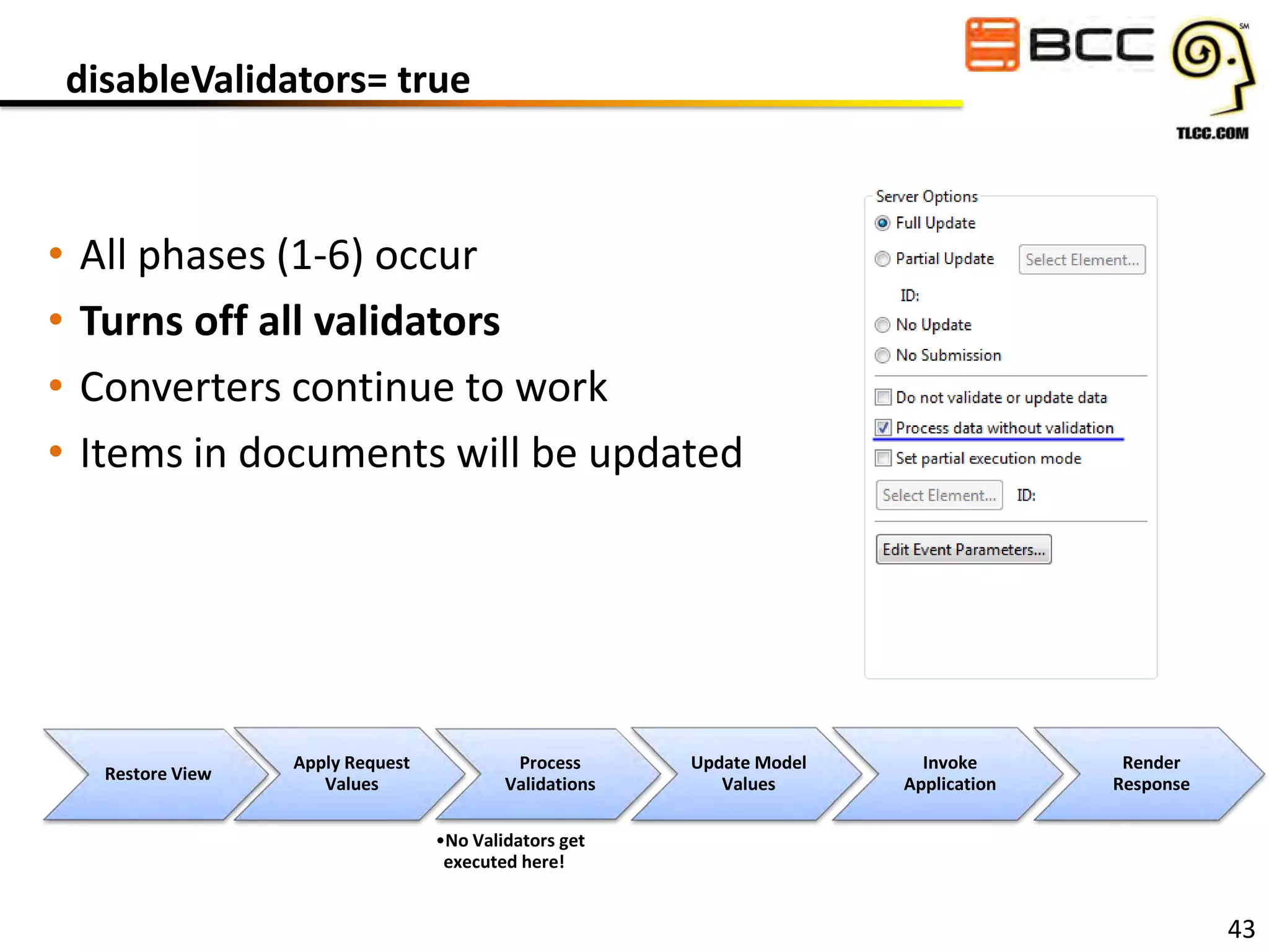 disableValidators= true

•
•
•
•

All phases (1-6) occur
Turns off all validators
Converters continue to work
Items in documents will be updated

Restore View

Apply Request
Values

Process
Validations

Update Model
Values

Invoke
Application

Render
Response

•No Validators get
executed here!

43

 