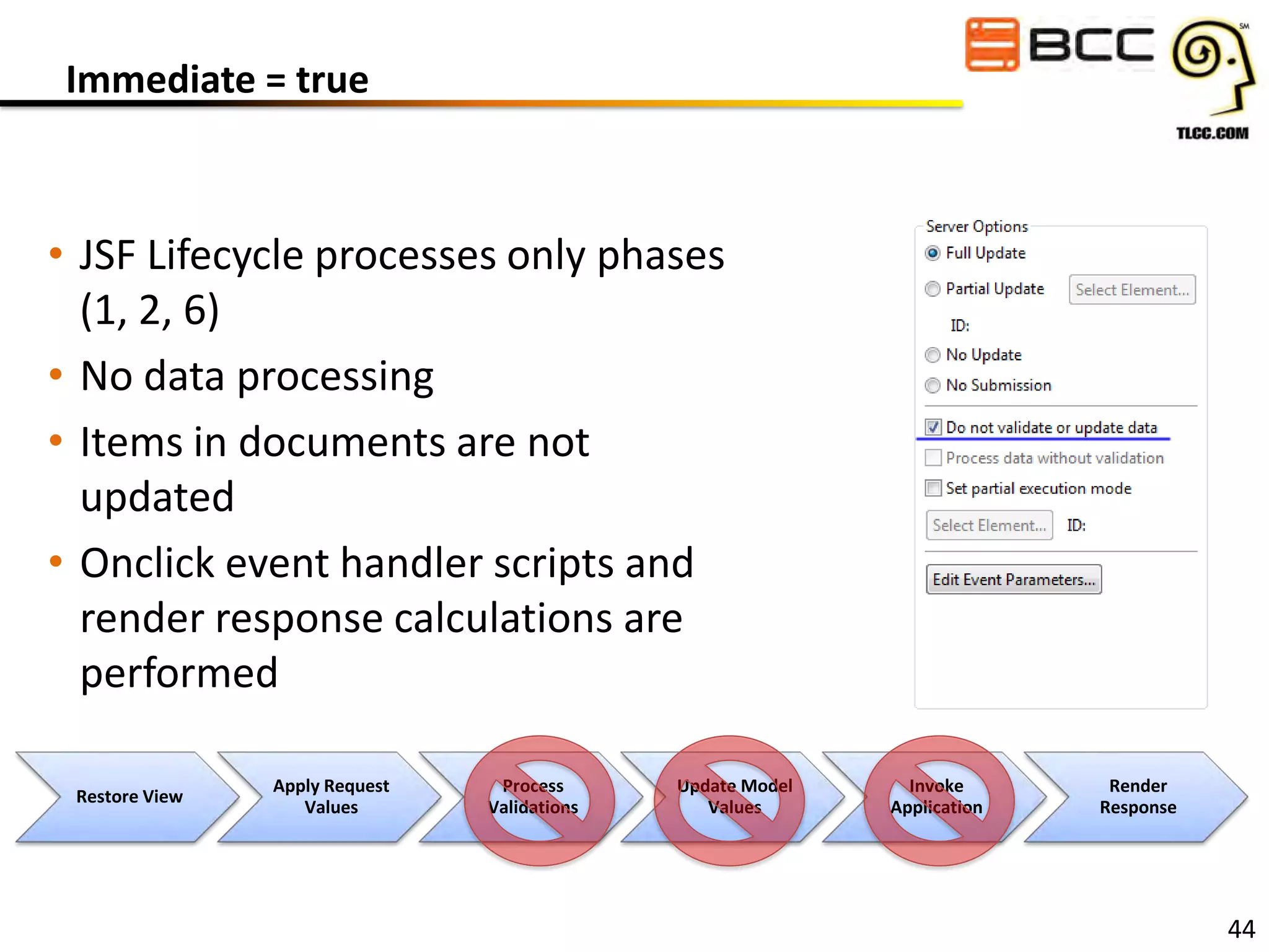 Immediate = true

• JSF Lifecycle processes only phases
(1, 2, 6)
• No data processing
• Items in documents are not
updated
• Onclick event handler scripts and
render response calculations are
performed
Restore View

Apply Request
Values

Process
Validations

Update Model
Values

Invoke
Application

Render
Response

44

 