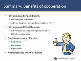 Summary: Benefits of cooperation
 Fully automated system training:
 One-click system customization
 Automatic data pre-processing and cleansing (Kantan Gentry)
 Fully automated translation step:
 Automated pre- and post-processing of files we upload
 PEX rules to aid translation
 Quality assessment of engines:
 KantanWatch
 Gap Analysis
 Reject Report
 No maintenance and infrastructure
 