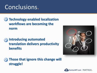 Conclusions.
Technology enabled localization
workflows are becoming the
norm
Introducing automated
translation delivers productivity
benefits
Those that ignore this change will
struggle!
 
