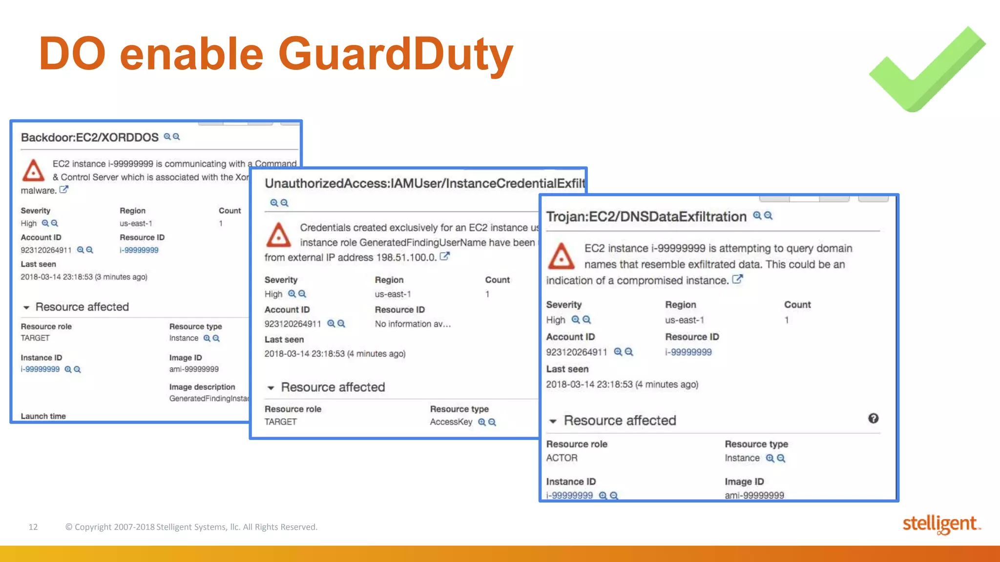 12 © Copyright 2007-2018 Stelligent Systems, llc. All Rights Reserved.
DO enable GuardDuty
 