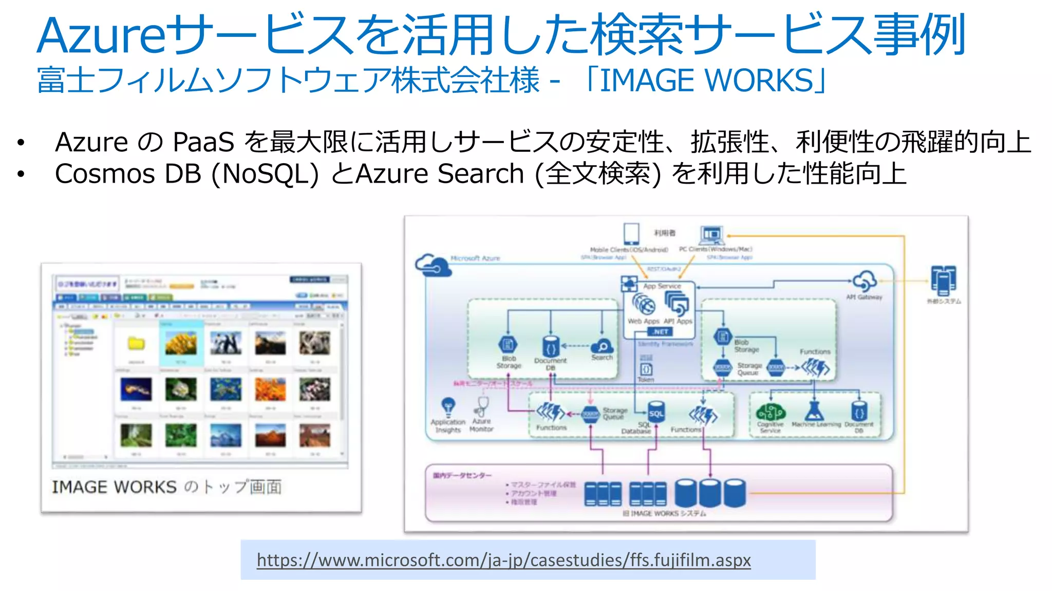Azureサービスを活用した検索サービス事例
富士フィルムソフトウェア株式会社様 - 「IMAGE WORKS」
• Azure の PaaS を最大限に活用しサービスの安定性、拡張性、利便性の飛躍的向上
• Cosmos DB (NoSQL) とAzure Search (全文検索) を利用した性能向上
https://www.microsoft.com/ja-jp/casestudies/ffs.fujifilm.aspx
 