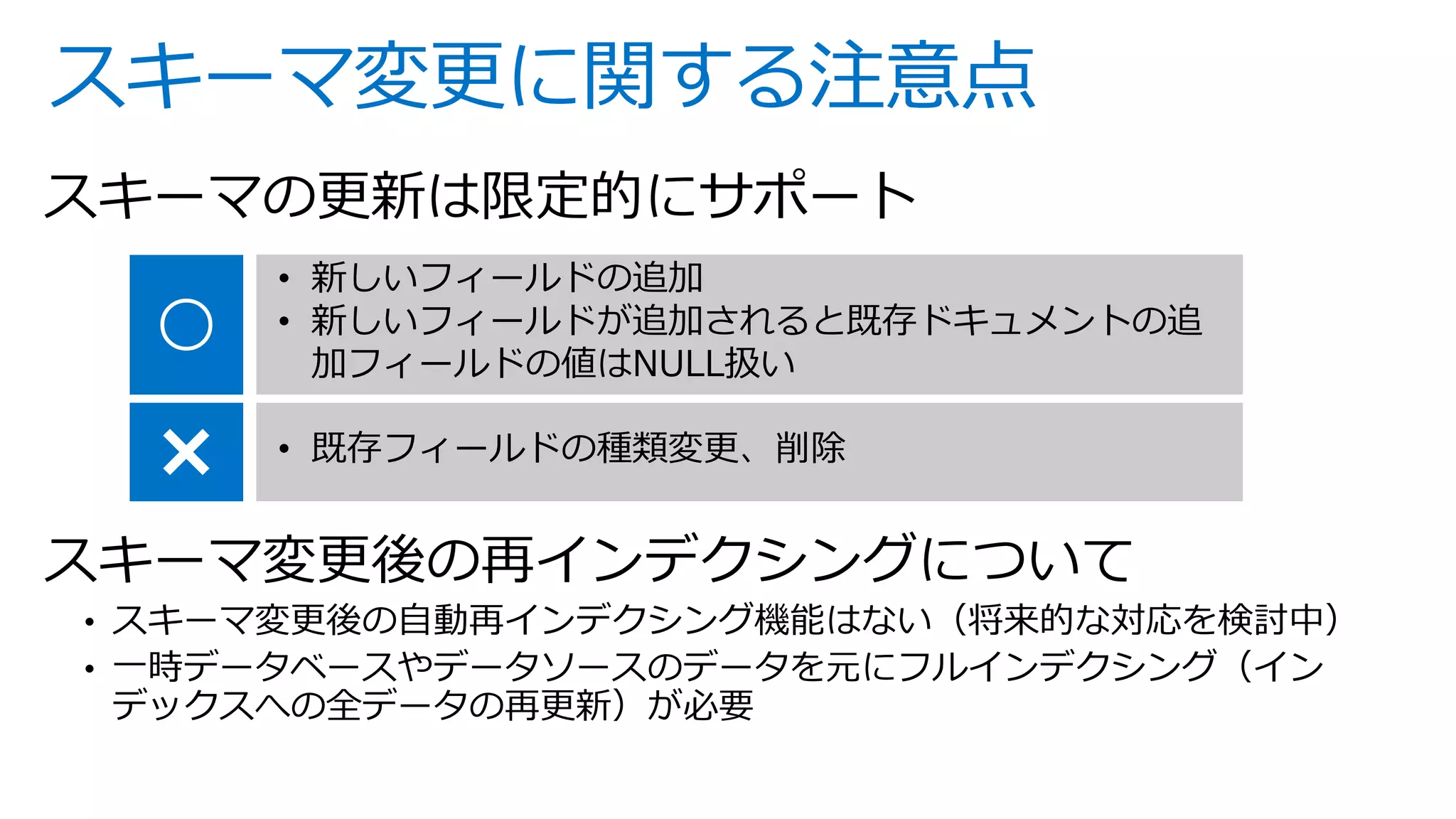スキーマ変更に関する注意点
スキーマの更新は限定的にサポート
〇
✖
• 新しいフィールドの追加
• 新しいフィールドが追加されると既存ドキュメントの追
加フィールドの値はNULL扱い
• 既存フィールドの種類変更、削除
 