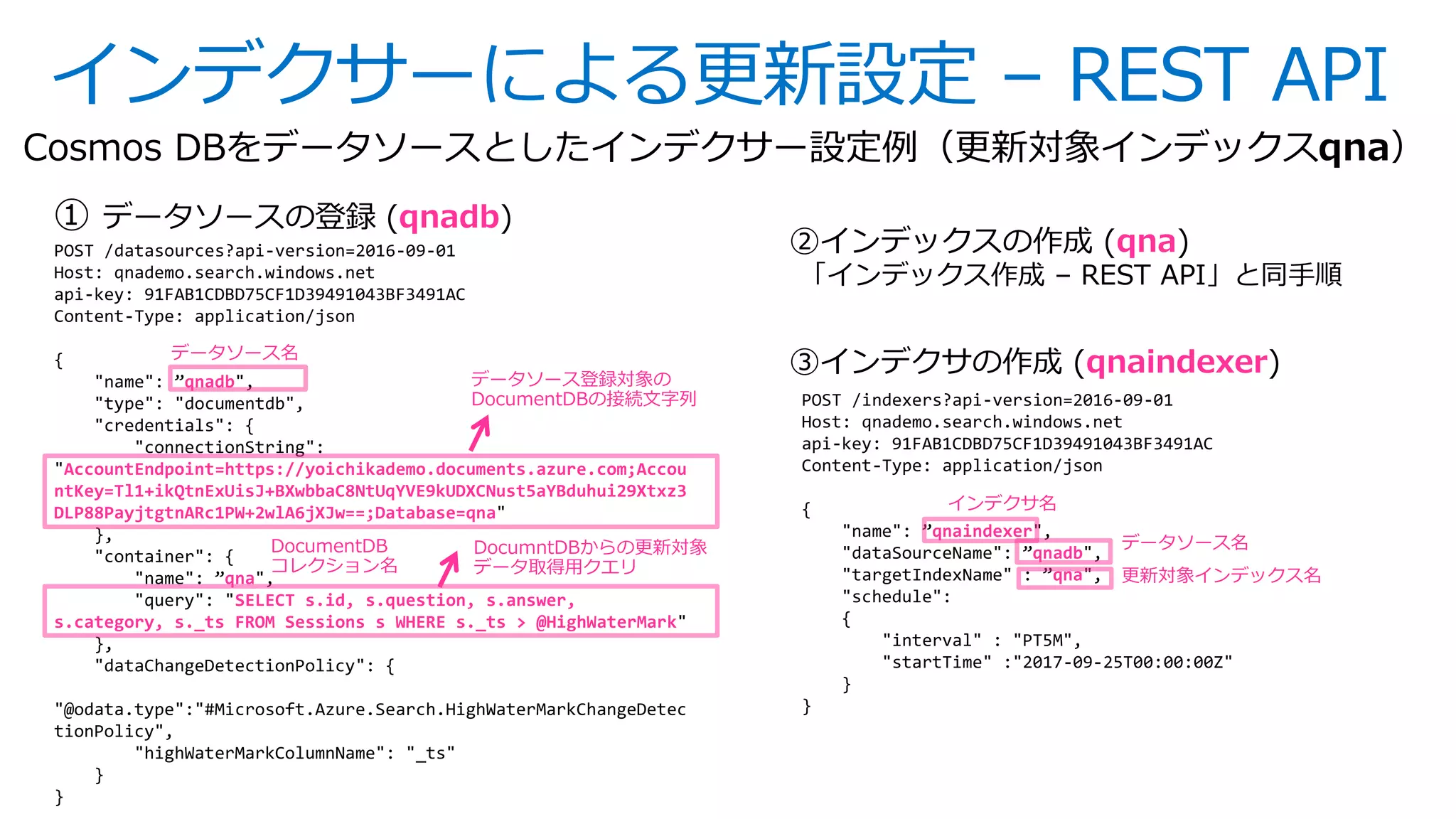 インデクサーによる更新設定 – REST API
Cosmos DBをデータソースとしたインデクサー設定例（更新対象インデックスqna）
POST /datasources?api-version=2016-09-01
Host: qnademo.search.windows.net
api-key: 91FAB1CDBD75CF1D39491043BF3491AC
Content-Type: application/json
{
"name": ”qnadb",
"type": "documentdb",
"credentials": {
"connectionString":
"AccountEndpoint=https://yoichikademo.documents.azure.com;Accou
ntKey=Tl1+ikQtnExUisJ+BXwbbaC8NtUqYVE9kUDXCNust5aYBduhui29Xtxz3
DLP88PayjtgtnARc1PW+2wlA6jXJw==;Database=qna"
},
"container": {
"name": ”qna",
"query": "SELECT s.id, s.question, s.answer,
s.category, s._ts FROM Sessions s WHERE s._ts > @HighWaterMark"
},
"dataChangeDetectionPolicy": {
"@odata.type":"#Microsoft.Azure.Search.HighWaterMarkChangeDetec
tionPolicy",
"highWaterMarkColumnName": "_ts"
}
}
POST /indexers?api-version=2016-09-01
Host: qnademo.search.windows.net
api-key: 91FAB1CDBD75CF1D39491043BF3491AC
Content-Type: application/json
{
"name": ”qnaindexer",
"dataSourceName": ”qnadb",
"targetIndexName" : ”qna",
"schedule":
{
"interval" : "PT5M",
"startTime" :"2017-09-25T00:00:00Z"
}
}
qnadb
qnaindexerデータソース登録対象の
DocumentDBの接続文字列
DocumntDBからの更新対象
データ取得用クエリ
インデクサ名
データソース名
更新対象インデックス名
qna
DocumentDB
コレクション名
データソース名
 