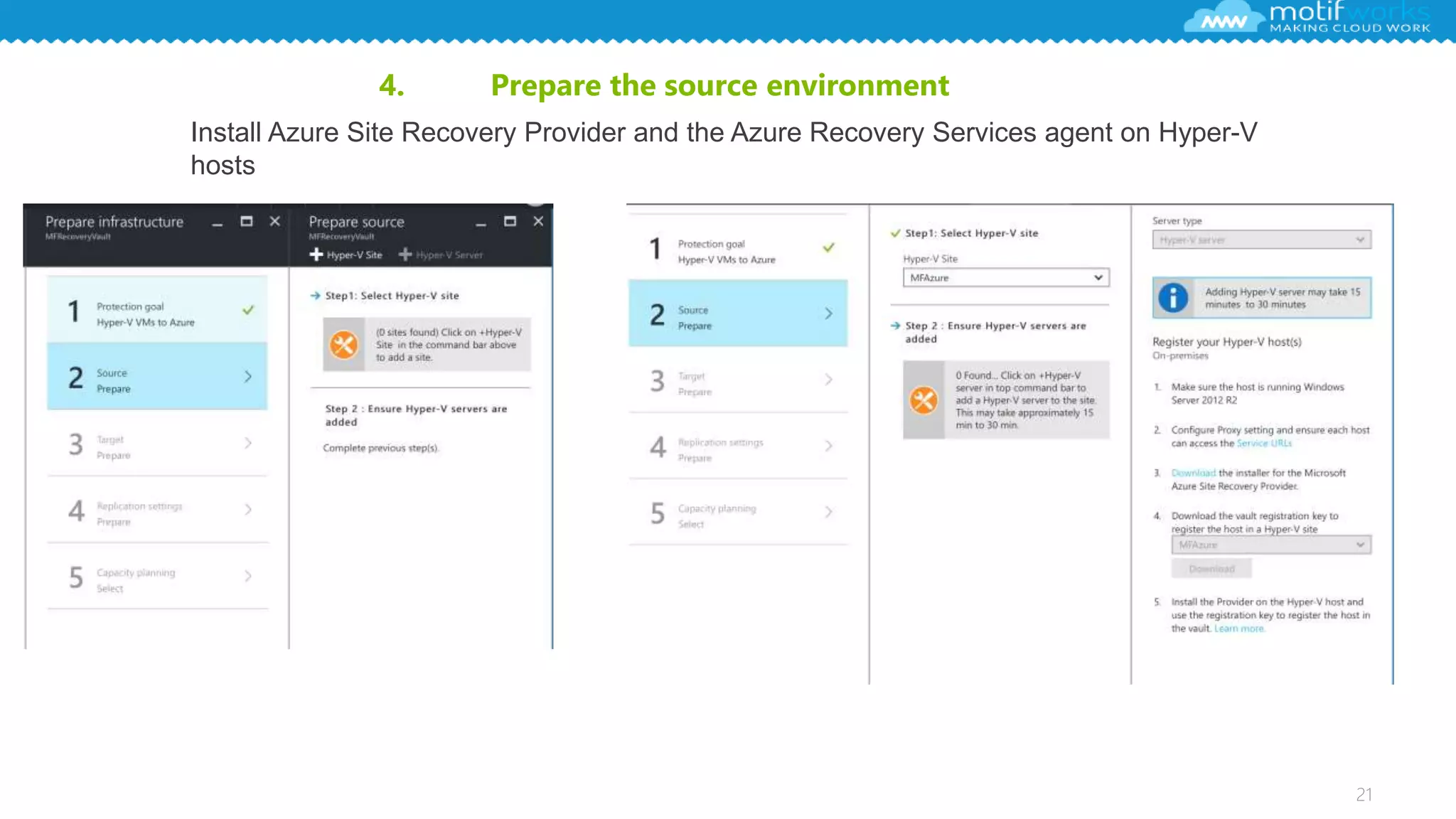 21
4. Prepare the source environment
Install Azure Site Recovery Provider and the Azure Recovery Services agent on Hyper-V
hosts
 