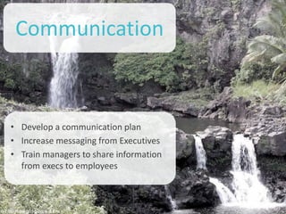 Communication
• Develop a communication plan
• Increase messaging from Executives
• Train managers to share information
from execs to employees
 