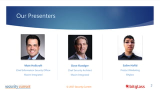 Our Presenters
Matt Hollcraft
Chief Information Security Officer
Maxim Integrated
2© 2017 Security Current
Dave Ruedger
Chief Security Architect
Maxim Integrated
Salim Hafid
Product Marketing
Bitglass
 