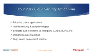 ✓ Prioritize critical applications
✓ Identify security & compliance gaps
✓ Evaluate built-in controls vs third party (CASB, IdAAS, etc)
✓ Design/implement policies
✓ Align to app deployment timeline
25© 2017 Security Current
Your 2017 Cloud Security Action Plan
 