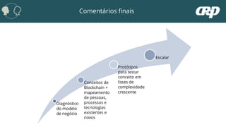 Comentários finais
Diagnóstico
do modelo
de negócio
Conceitos de
Blockchain +
mapeamento
de pessoas,
processos e
tecnologias
existentes e
novos
Protótipos
para testar
conceito em
fases de
complexidade
crescente
Escalar
 
