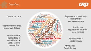 Desafios
Ordem no caos
Regras de consenso
a prova de falhas
Escalabilidade,
capacidade e
velocidade de
validação de
transações
Ambientes
regulatórios incertos
ou restritivos
Volatilidade da
criptomoeda
Segurança, privacidade,
resiliência e
armazenamento
Atividades
fraudulentas
 