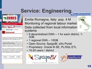 Service: Engineering
   Emilia Romagna, Italy: pop. 4 M
   Monitoring of regional labour market
   Data collected from local information
    systems
      9 decentralized DWh – 1 for each district, 1-
       3GB
      1 regional DWh – 10GB

      Open Source: SpagoBI, eXo Portal

      Proprietary: Oracle 9i SE, PL/SQL ETL

      10-20 users / district




                                                       12
 