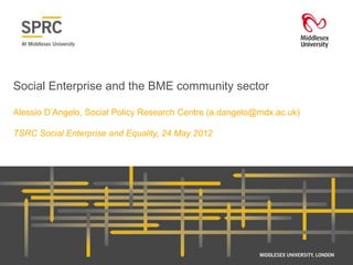 Social Enterprise and the BME community sector

Alessio D‟Angelo, Social Policy Research Centre (a.dangelo@mdx.ac.uk)

TSRC Social Enterprise and Equality, 24 May 2012
 