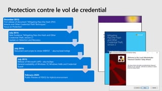 Protection contre le vol de credential
December 2012:
First release of document ”Mitigating Pass-the-Hash (PtH)
Attacks and Other Credential Theft Techniques.”
Focus on Protection
July 2014:
New Guidance ”Mitigating Pass-the-Hash and Other
Credential Theft, version 2.”
Update on Detection and Recovery
July 2014:
Document and scripts to renew KRBTGT. - aka.ms/reset-krbtgt
July 2015:
Release of Microsoft LAPS – aka.ms/laps
General availability of Windows 10, Windows Hello and Credential
Guard
February 2020:
Public Preview of FIDO2 for Hybrid environment
 