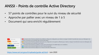 ANSSI - Points de contrôle Active Directory
• 57 points de contrôles pour le suivi du niveau de sécurité
• Approche par pallier avec un niveau de 1 à 5
• Document qui sera enrichi régulièrement
https://www.cert.ssi.gouv.fr/uploads/guide-ad.html - Juin 2020
 