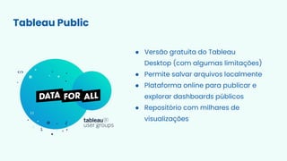Tableau Public
● Versão gratuita do Tableau
Desktop (com algumas limitações)
● Permite salvar arquivos localmente
● Plataforma online para publicar e
explorar dashboards públicos
● Repositório com milhares de
visualizações
 