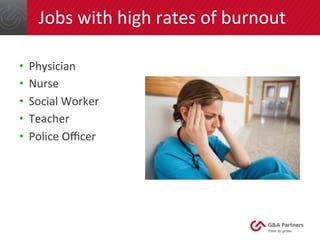 Jobs	
  with	
  high	
  rates	
  of	
  burnout	
  	
  
•  Physician	
  
•  Nurse	
  
•  Social	
  Worker	
  
•  Teacher	
 ...