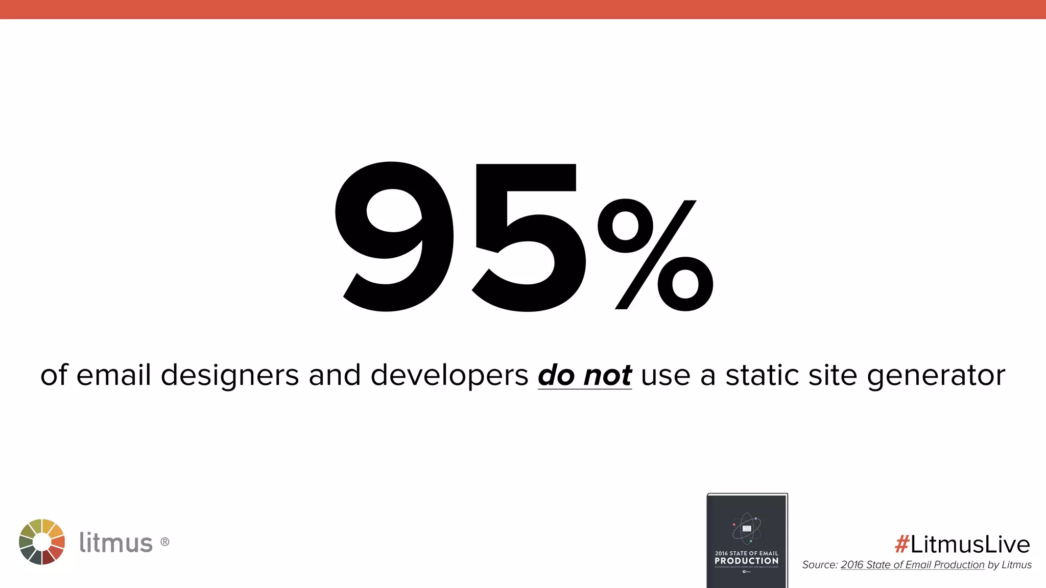 litmus ®
#LitmusLive
95%of email designers and developers do not use a static site generator
Source: 2016 State of Email Production by Litmus
 