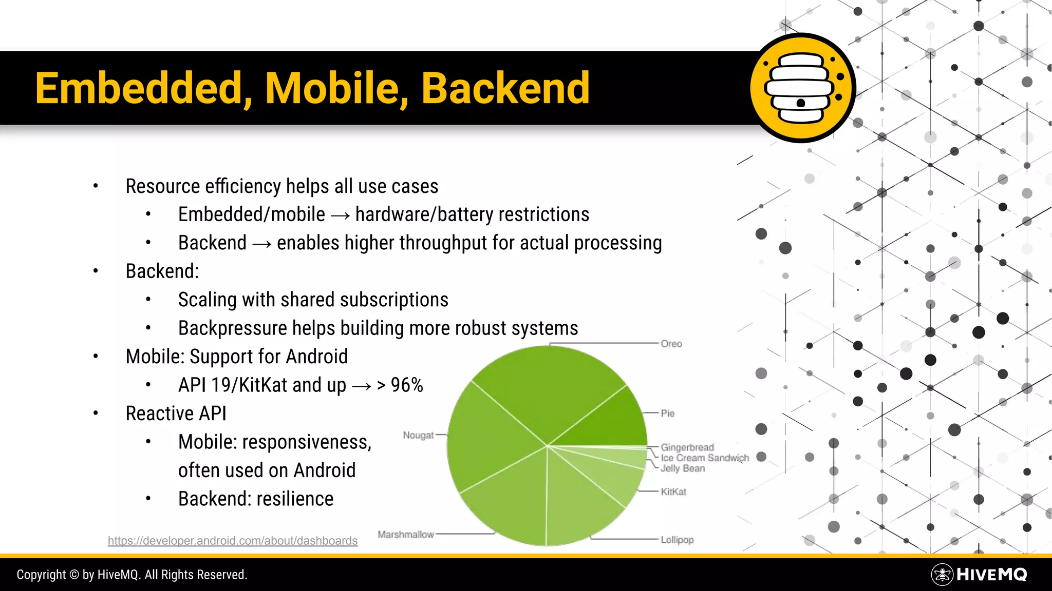 Copyright © by HiveMQ. All Rights Reserved. Embedded, Mobile, Backend • Resource eﬃciency helps all use cases • Embedded/mobile → hardware/battery restrictions • Backend → enables higher throughput for actual processing • Backend: • Scaling with shared subscriptions • Backpressure helps building more robust systems • Mobile: Support for Android • API 19/KitKat and up → > 96% • Reactive API • Mobile: responsiveness, often used on Android • Backend: resilience https://developer.android.com/about/dashboards 