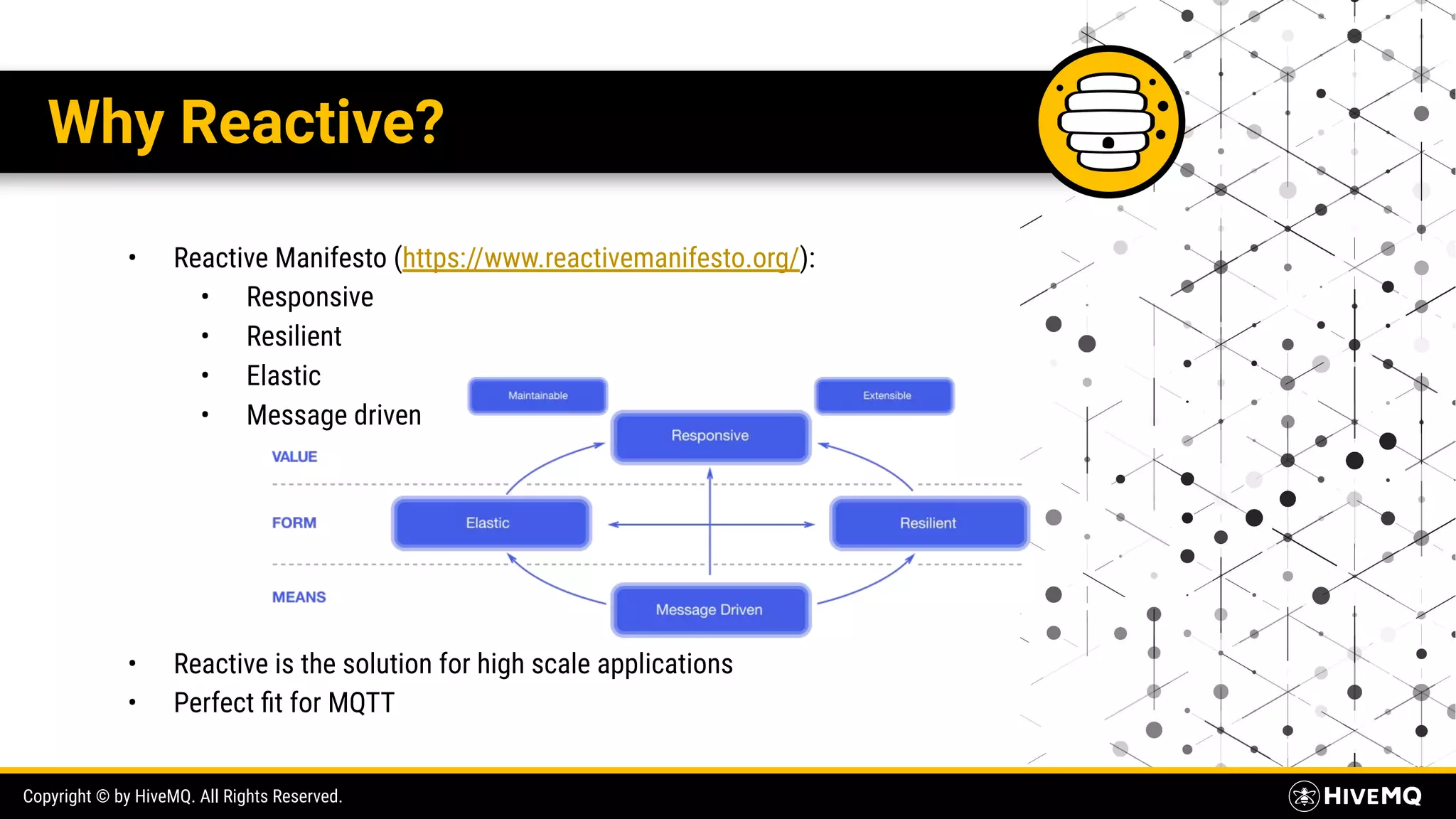 Copyright © by HiveMQ. All Rights Reserved. Why Reactive? • Reactive Manifesto (https://www.reactivemanifesto.org/): • Responsive • Resilient • Elastic • Message driven • Reactive is the solution for high scale applications • Perfect ﬁt for MQTT 