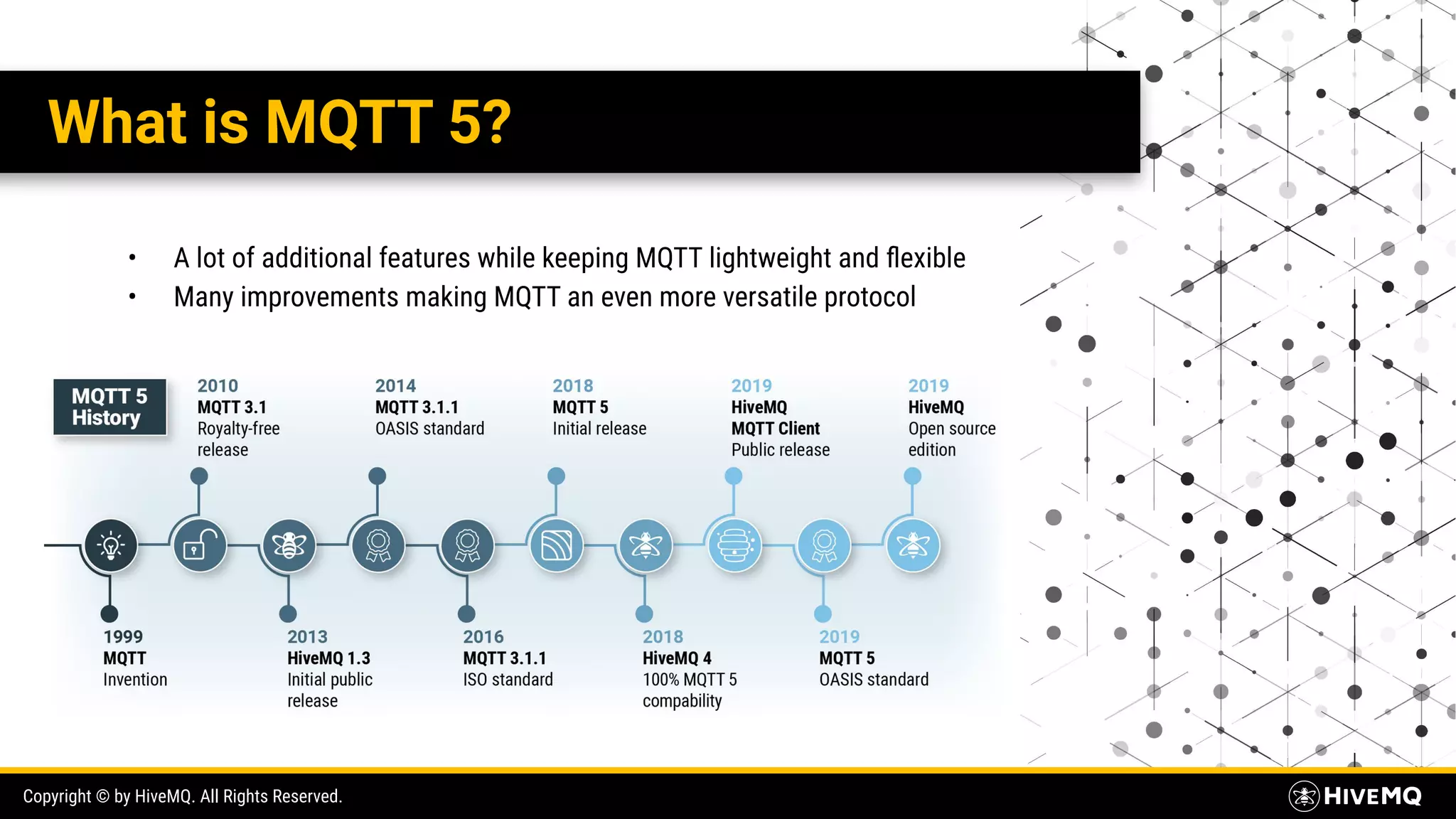 Copyright © by HiveMQ. All Rights Reserved. What is MQTT 5? • A lot of additional features while keeping MQTT lightweight and ﬂexible • Many improvements making MQTT an even more versatile protocol 