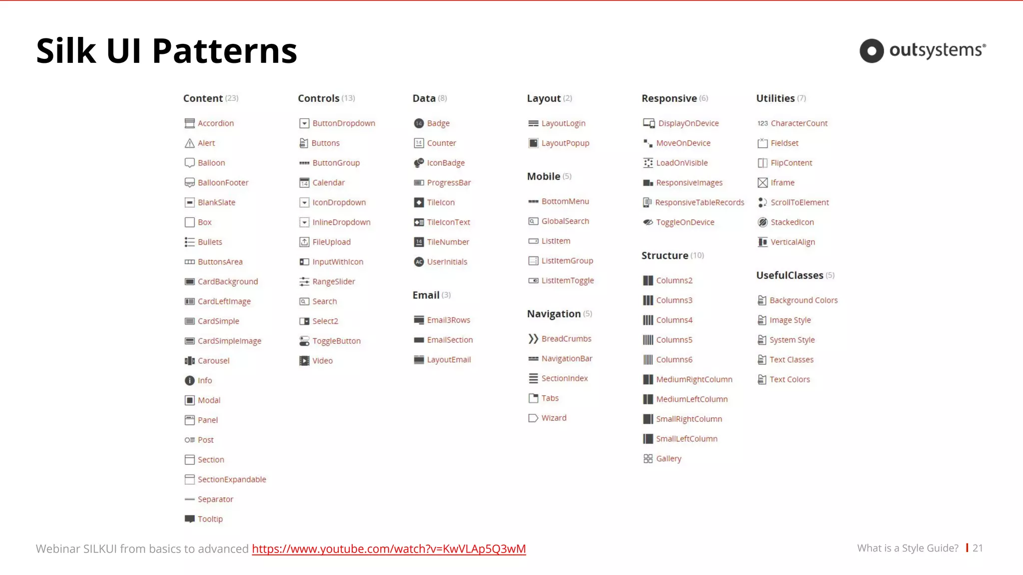 Silk UI Patterns
21Webinar SILKUI from basics to advanced https://www.youtube.com/watch?v=KwVLAp5Q3wM What is a Style Guide?
 