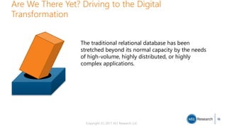 Copyright (C) 2017 451 Research LLC
Are We There Yet? Driving to the Digital
Transformation
16
The traditional relational database has been
stretched beyond its normal capacity by the needs
of high-volume, highly distributed, or highly
complex applications.
16
 