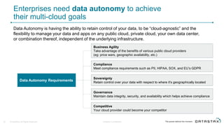 Enterprises need data autonomy to achieve
their multi-cloud goals
Data Autonomy is having the ability to retain control of your data, to be “cloud-agnostic” and the
flexibility to manage your data and apps on any public cloud, private cloud, your own data center,
or combination thereof, independent of the underlying infrastructure.
Data Autonomy Requirements
Business Agility
Take advantage of the benefits of various public cloud providers
(eg: price wars, geographic availability, etc.)
Compliance
Meet compliance requirements such as PII, HIPAA, SOX, and EU’s GDPR
Sovereignty
Retain control over your data with respect to where it's geographically located
Governance
Maintain data integrity, security, and availability which helps achieve compliance
Competitive
Your cloud provider could become your competitor
32 © DataStax, All Rights Reserved. Company Confidential
 