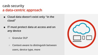 STORYBOARDS
casb security
a data-centric approach
■ Cloud data doesn’t exist only “in the
cloud”
■ IT must protect data at access and on
any device
○ Granular DLP
○ Context-aware to distinguish between
users, device type, more
 