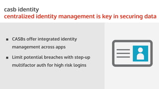 STORYBOARDS
casb identity
centralized identity management is key in securing data
■ CASBs offer integrated identity
management across apps
■ Limit potential breaches with step-up
multifactor auth for high risk logins
 