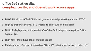 STORYBOARDS
■ BYOD blindspot - O365 DLP is not geared toward protecting data on BYOD
■ High operational overhead - Complex to configure and maintain
■ Difficult deployment - Sharepoint/OneDrive DLP integration requires Office
2016 on PCs
■ High cost - Must have top of the line license
■ Point solution - Support focused on Office 365, what about other cloud apps?
office 365 native dlp:
complex, costly, and doesn’t work across apps
 