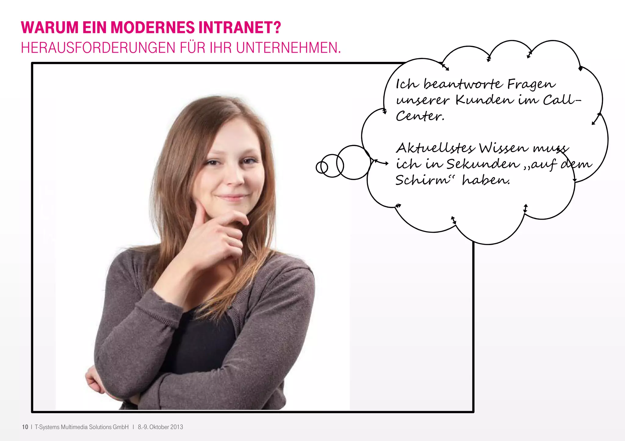10 I T-Systems Multimedia Solutions GmbH I 8.-9. Oktober 2013
WARUM EIN MODERNES INTRANET?
HERAUSFORDERUNGEN FÜR IHR UNTERNEHMEN.
Ich beantworte Fragen
unserer Kunden im Call-
Center.
Aktuellstes Wissen muss
ich in Sekunden „auf dem
Schirm“ haben.
 