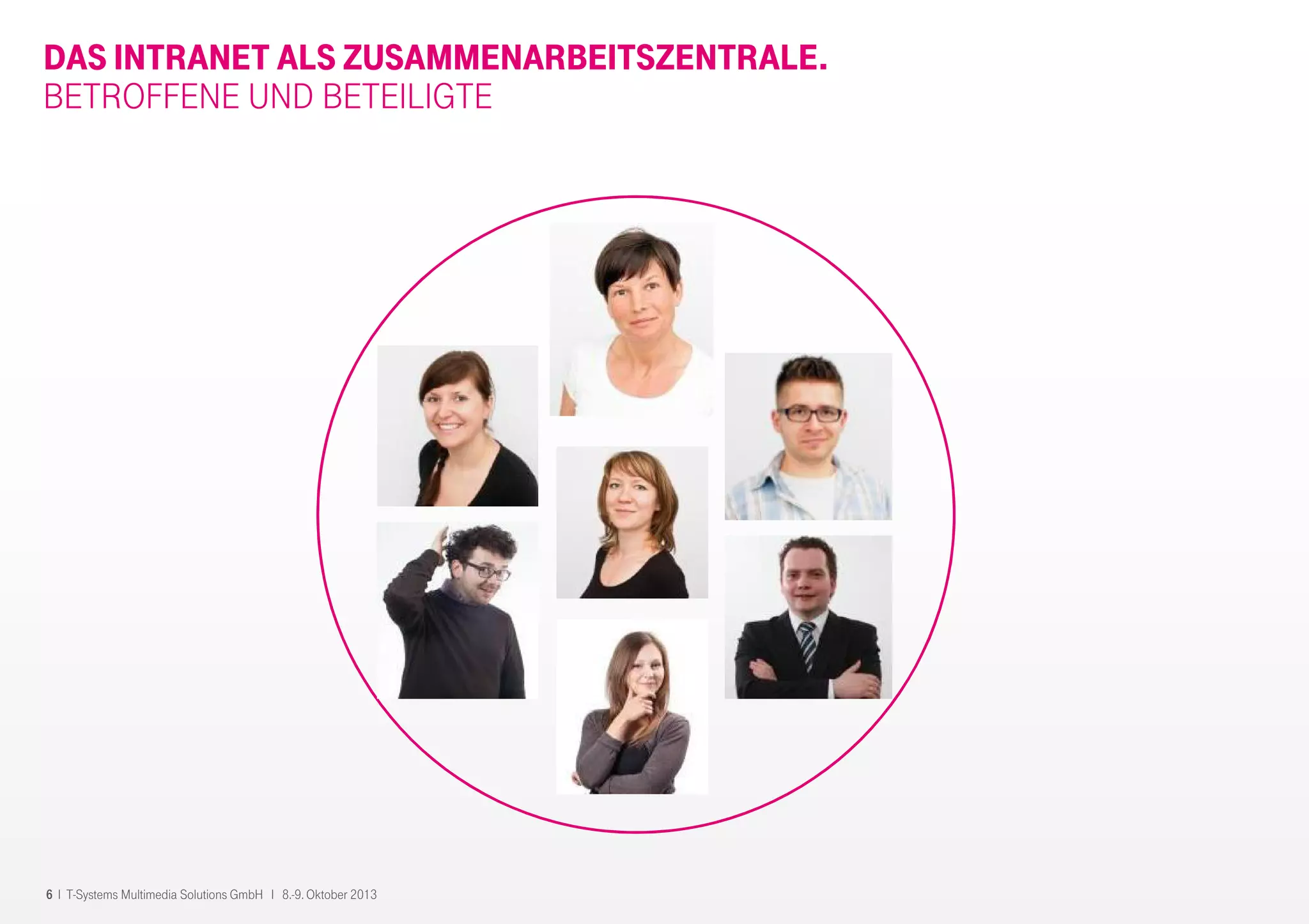 6 I T-Systems Multimedia Solutions GmbH I 8.-9. Oktober 2013
DAS INTRANET ALS ZUSAMMENARBEITSZENTRALE.
BETROFFENE UND BETEILIGTE
 
