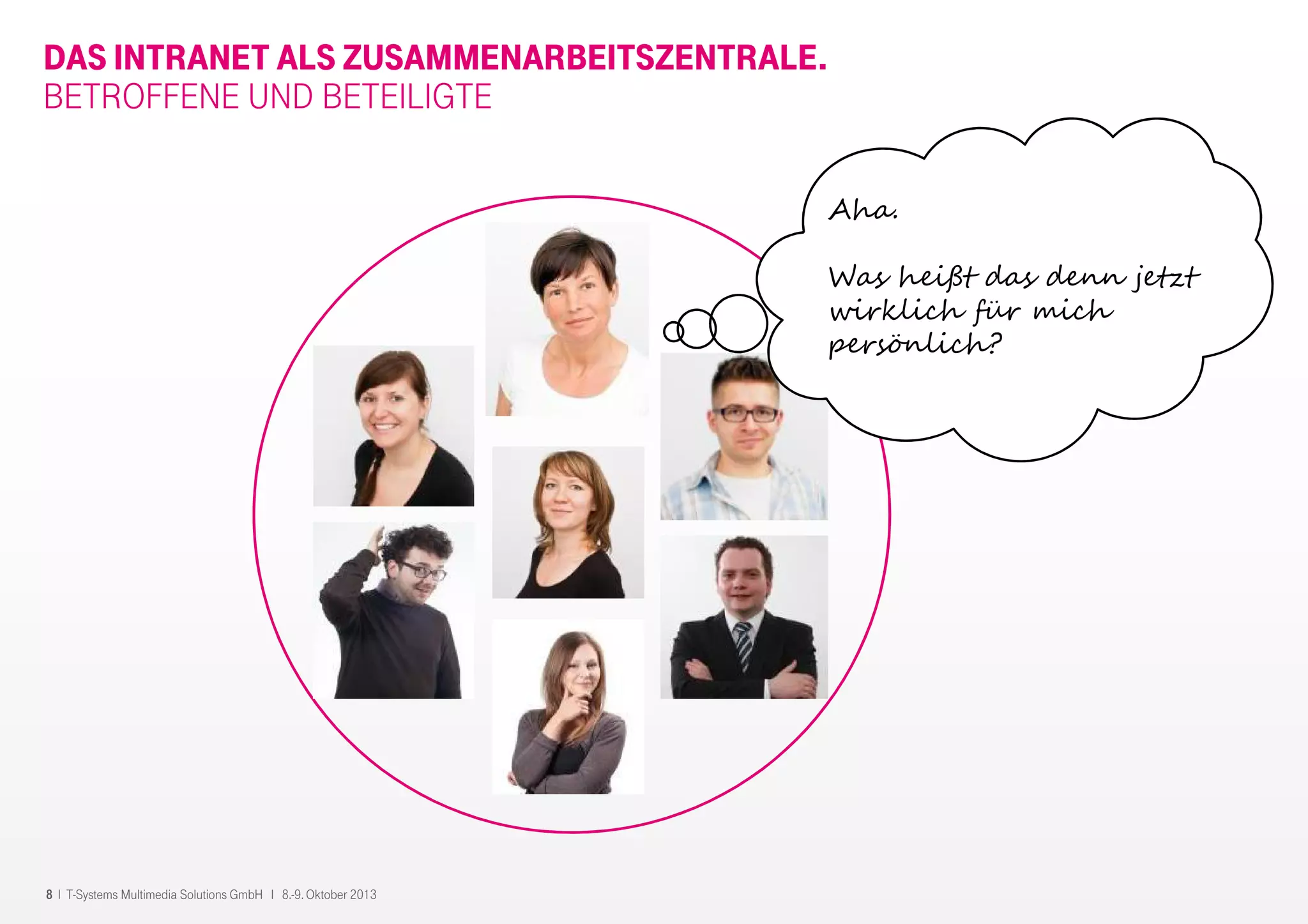 8 I T-Systems Multimedia Solutions GmbH I 8.-9. Oktober 2013
DAS INTRANET ALS ZUSAMMENARBEITSZENTRALE.
BETROFFENE UND BETEILIGTE
Aha.
Was heißt das denn jetzt
wirklich für mich
persönlich?
 
