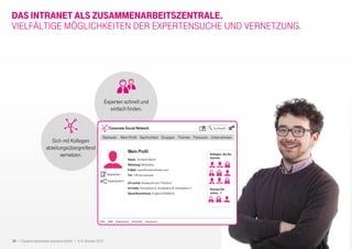 28 I T-Systems Multimedia Solutions GmbH I 8.-9. Oktober 2013
Sich mit Kollegen
abteilungsübergreifend
vernetzen.
Experten schnell und
einfach finden.
DAS INTRANET ALS ZUSAMMENARBEITSZENTRALE.
VIELFÄLTIGE MÖGLICHKEITEN DER EXPERTENSUCHE UND VERNETZUNG.
Mein Profil
Name: Vorname Name
Abteilung: Marketing
E-Mail: name@unternehmen.com
Tel: +49 xxx xxxxxxxx
Ich suche: Austausch zum Thema A
Ich biete: KompetenzA, KompetenzB, KompetenzC
Sprachkenntnisse: Englisch (fließend)
Corporate Social Network
Startseite Mein Profil Nachrichten Gruppen Themen Personen Unternehmen
Hilfe AGB Datenschutz Sicherheit Impressum
Suchbegriff
Bearbeiten
Kollegen, die Sie
kennen:
Kennen Sie
schon…?
Organigramm
 