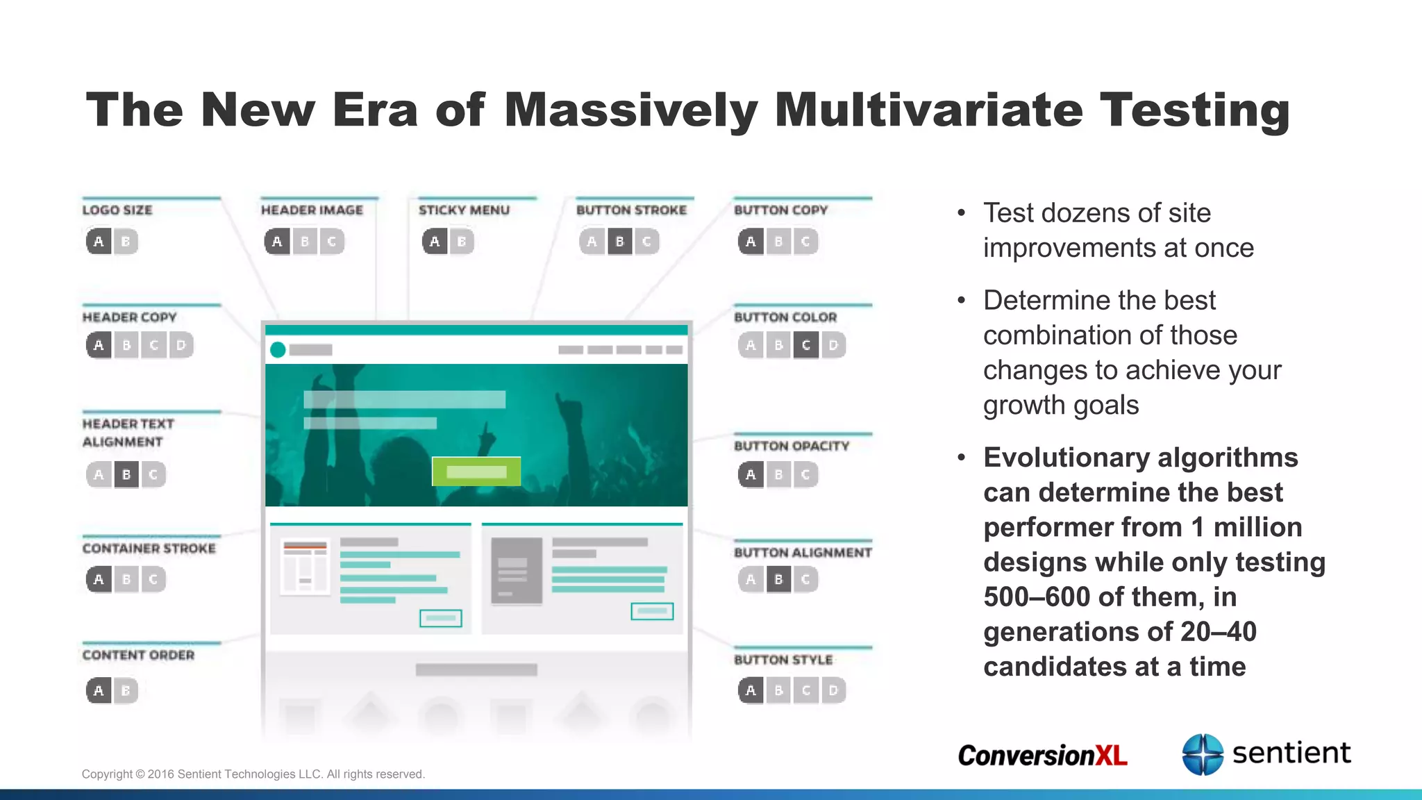 Copyright © 2016 Sentient Technologies LLC. All rights reserved.
The New Era of Massively Multivariate Testing
• Test dozens of site
improvements at once
• Determine the best
combination of those
changes to achieve your
growth goals
• Evolutionary algorithms
can determine the best
performer from 1 million
designs while only testing
500–600 of them, in
generations of 20–40
candidates at a time
 
