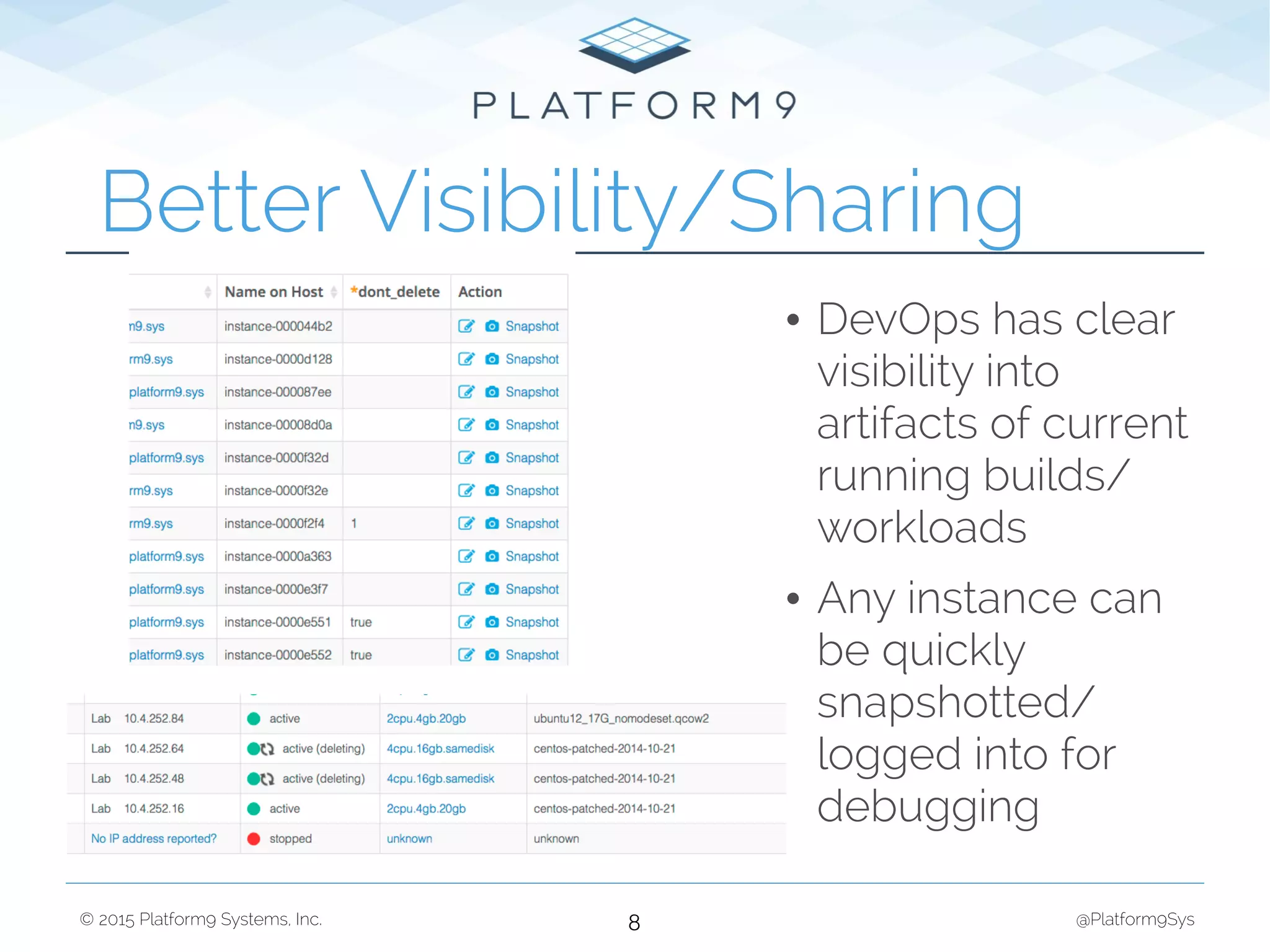© 2015 Platform9 Systems, Inc. @Platform9Sys
Better Visibility/Sharing
8
• DevOps has clear
visibility into
artifacts of current
running builds/
workloads
• Any instance can
be quickly
snapshotted/
logged into for
debugging
 