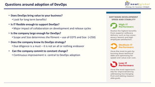 Questions around adoption of DevOps
• Does DevOps bring value to your business?
• Look for long term benefits!
• Is IT flexible enough to support DevOps?
• Major impact of collaboration on development and release cycles
• Is the company large enough for DevOps?
• Scope and Size determines the fitment – use of COTS and Size (>250)
• Does the company know its DevOps strategy?
• Due diligence is a must – it is not an all or nothing endeavor
• Can the company commit to constant change?
• Continuous improvement is central to DevOps adoption
 
