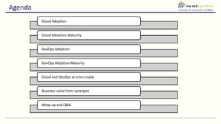 Cloud Adoption
Cloud Adoption Maturity
DevOps Adoption
DevOps Adoption Maturity
Cloud and DevOps at cross-roads
Business value from synergies
Wrap-up and Q&A
Agenda
 