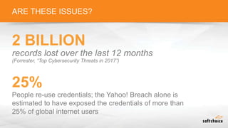 ARE THESE ISSUES?
records lost over the last 12 months
(Forrester, “Top Cybersecurity Threats in 2017”)
2 BILLION
People re-use credentials; the Yahoo! Breach alone is
estimated to have exposed the credentials of more than
25% of global internet users
25%
 