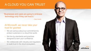 A CLOUD YOU CAN TRUST
At Microsoft, we never take your
trust for granted
• We are serious about our commitment to
protect customers in a cloud first world.
• We live by standards and practices
designed to earn your confidence.
• We collaborate with industry and regulators
to build trust in the cloud ecosystem.
“Businesses and users are going to embrace
technology only if they can trust it.”
– Satya Nadella
 