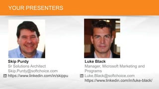 YOUR PRESENTERS
Skip Purdy
Sr Solutions Architect
Skip.Purdy@softchoice.com
https://www.linkedin.com/in/skippu
Luke Black
Manager, Microsoft Marketing and
Programs
Luke.Black@softchoice.com
https://www.linkedin.com/in/luke-black/
 