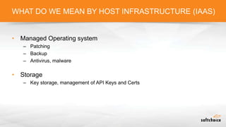 WHAT DO WE MEAN BY HOST INFRASTRUCTURE (IAAS)
• Managed Operating system
– Patching
– Backup
– Antivirus, malware
• Storage
– Key storage, management of API Keys and Certs
 