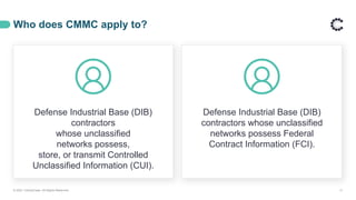 Who does CMMC apply to?
© 2021 ControlCase. All Rights Reserved. 11
Defense Industrial Base (DIB)
contractors
whose unclassified
networks possess,
store, or transmit Controlled
Unclassified Information (CUI).
Defense Industrial Base (DIB)
contractors whose unclassified
networks possess Federal
Contract Information (FCI).
 