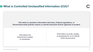 CUI refers to sensitive information that laws, Federal regulations, or
Government-wide policies require or permit executive branch agencies to protect.
Information the
Government creates
or possesses.
Information an entity creates
or possesses for or on behalf
of the Government.
What is Controlled Unclassified Information (CUI)?
© 2021 ControlCase. All Rights Reserved. 10
 