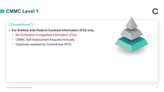 CMMC Level 1
© 2021 ControlCase. All Rights Reserved. 18
(“Foundational”)
• For Entities with Federal Contract Information (FCI) only.
⎻ No Controlled Unclassified Information (CUI)
⎻ CMMC Self Assessment Required Annually.
⎻ Optionally assisted by ControlCase RPO.
 