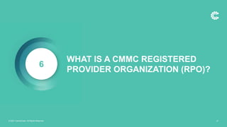WHAT IS A CMMC REGISTERED
PROVIDER ORGANIZATION (RPO)?
6
© 2021 ControlCase. All Rights Reserved. 21
 