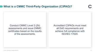 What is a CMMC Third-Party Organization (C3PAO)?
© 2021 ControlCase. All Rights Reserved. 24
Conduct CMMC Level 2 (2b)
assessments and issue CMMC
certificates based on the results
of the assessments.
Accredited C3PAOs must meet
all DoD requirements and
achieve full compliance with
ISO/IEC 17020.
 
