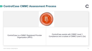 ControlCase is a CMMC Registered Provider
Organization (RPO)
ControlCase assists with CMMC Level 1
Compliance and a subset of CMMC Level 2 (2a)
ControlCase CMMC Assessment Process
© 2021 ControlCase. All Rights Reserved. 29
 